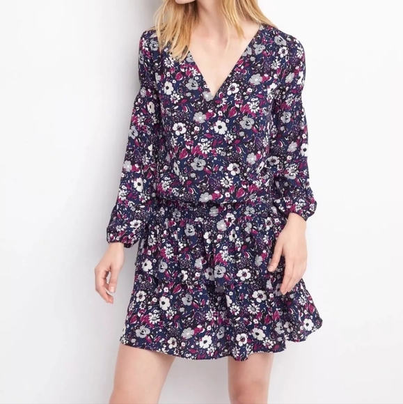 Gap LS smock waisted navy floral mini dress polyester size XXL - Picture 2 of 10
